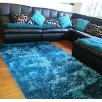HAND KNOTTED TWO TONE GRADIATION SHAGGY RUG TORQUOISE & TEAL BLUE 1.5X2.2M