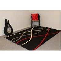 ELEGANT STYLE MODERN CONCEPT PRONTO RUG WAVES BLACK WITH GREY, WHITE & RED W…