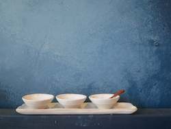 Kitchenware wholesaling: White speckled long tray and ramekin with wooden spoon set