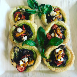 Morning Tea Afternoon Tea Corporate Catering: Open Tarts topped with Pesto, Olives & feta
