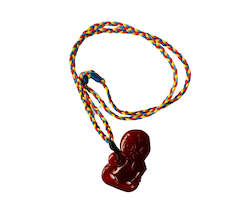 Womens Necklaces: Carnelian Hei tiki on multi colour woven strand