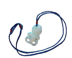 Womens Necklaces: Moonstone hei tiki with blue woven strand