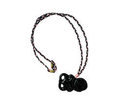 Womens Necklaces: Blue sunstone hei tiki on black and pink woven strand