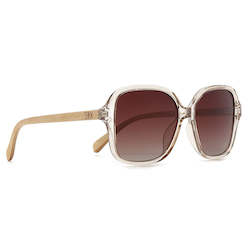 Wholesale Adult Sunglasses: SCARLETT CHAMPAGNE l Brown Polarised Lens l Walnut Arms l wholesale- (incl GST) RRP  $85.99