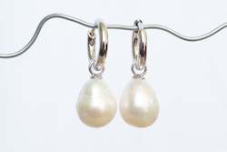 Jewellery manufacturing: Semi-Baroque Pearl Hoop Drops  - White - Sterling Silver