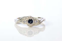 Jewellery manufacturing: Frondis Ring - 9ct White Gold with Blue-Green Sapphire & Diamonds