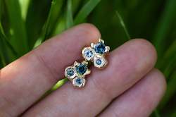 Cluster Studs - 9ct Yellow Gold with Blue-Green Sapphires