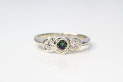 Jewellery manufacturing: Torci Ring - 9ct White Gold with Blue-Green Sapphire and Diamonds