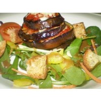 Catering: Chargrilled Aubergine Stack with Rich Tomato Sauce and Shaved Parmesan Served on a Fresh Garden Salad