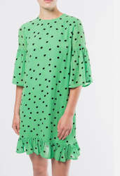 GANNI Dainty Georgette Dress Green Polka Dot Ruffle