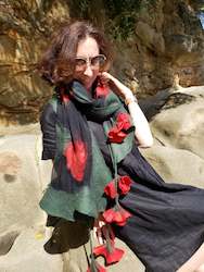 Shawls: Red Camelias - Impressive shawl, handmade - Luxurious and One of a Kind, merino wool and silk in dark green with hanging red flowers