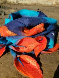 Shawls: 3D orange lilies on blue merino scarf, light, transparent silk.