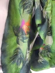 Shawls: Monstera Tropical leaf with exotic flower, scarf merino & silk, forest green, orange accent.