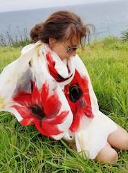 Big Red Flower,Wearable art, scarf with bright, red poppy for any occasion, nuno…