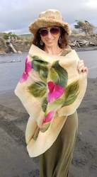 Magenta Hibiscus flowers on beige, shawl wet felting with merino & silk for dres…