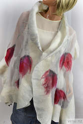 Shawls: Red tulip on white silk, unique shawl 4620
