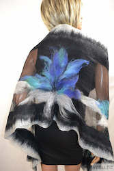 Shawls: Nuno felt large shawl with merino wool black and gray 4617