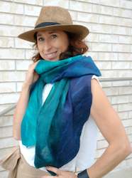Scarves: Tui bird feather; merino wool & silk scarf, ombre turquoise, neck warmer, incredible mothers gift, nuno felted wearable art, nature in art