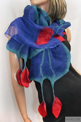 Scarves: Blue silk scarf, red merino leaves, felting  4420