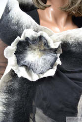 Handmade merino wool  brooch flower black and white 4216