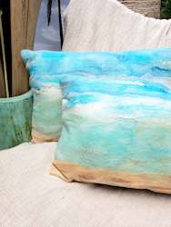 Home Decor: Pacific Ocean Pillow Cover handmade fabric mix of silk & merino wool, beach lifestyle house decor, turquoise, beige, cream cushion, wave