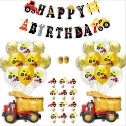 Party Supplies: 35PCS Cartoon Excavator Latex Balloon Cake Topper Construction Vehicle Banner
