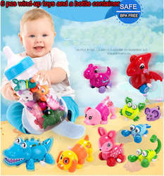 Toys: 6 pcs of children's wind-up animal toys with a bottle