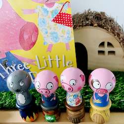 Large Head Kokeshi Characters: Three little piggies peg and pots