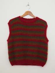 Hand Knits: Hand knit vest - Red, green + tan