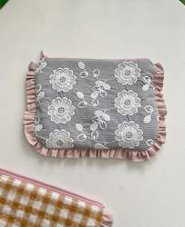 Floral Embroidered Ruffle Flat Pouch