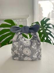 Floral Embroidered Blue Ribbon Lunch Bag