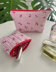 Strawberry&Cherry Gingham Makeup Pouches(pink)