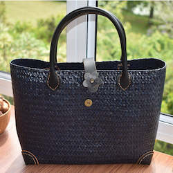 Kitchenware: Rich Blue Handwoven Krajood Bag with Leather Handles | yompai