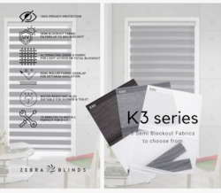 K3 Series Semi Blockout Zebra Blinds - 3 Colour Options Available