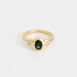 Gold smithing: Green-Blue Sapphire & Diamond Bezel Set Three Stone Ring