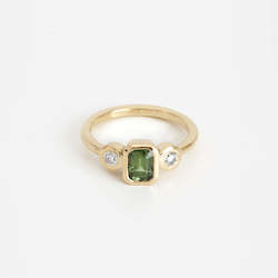 Emerald Cut Sapphire & Diamond Bezel Set Three Stone Ring
