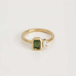 Green Sapphire & Emerald Cut Diamond Mismatch Ring